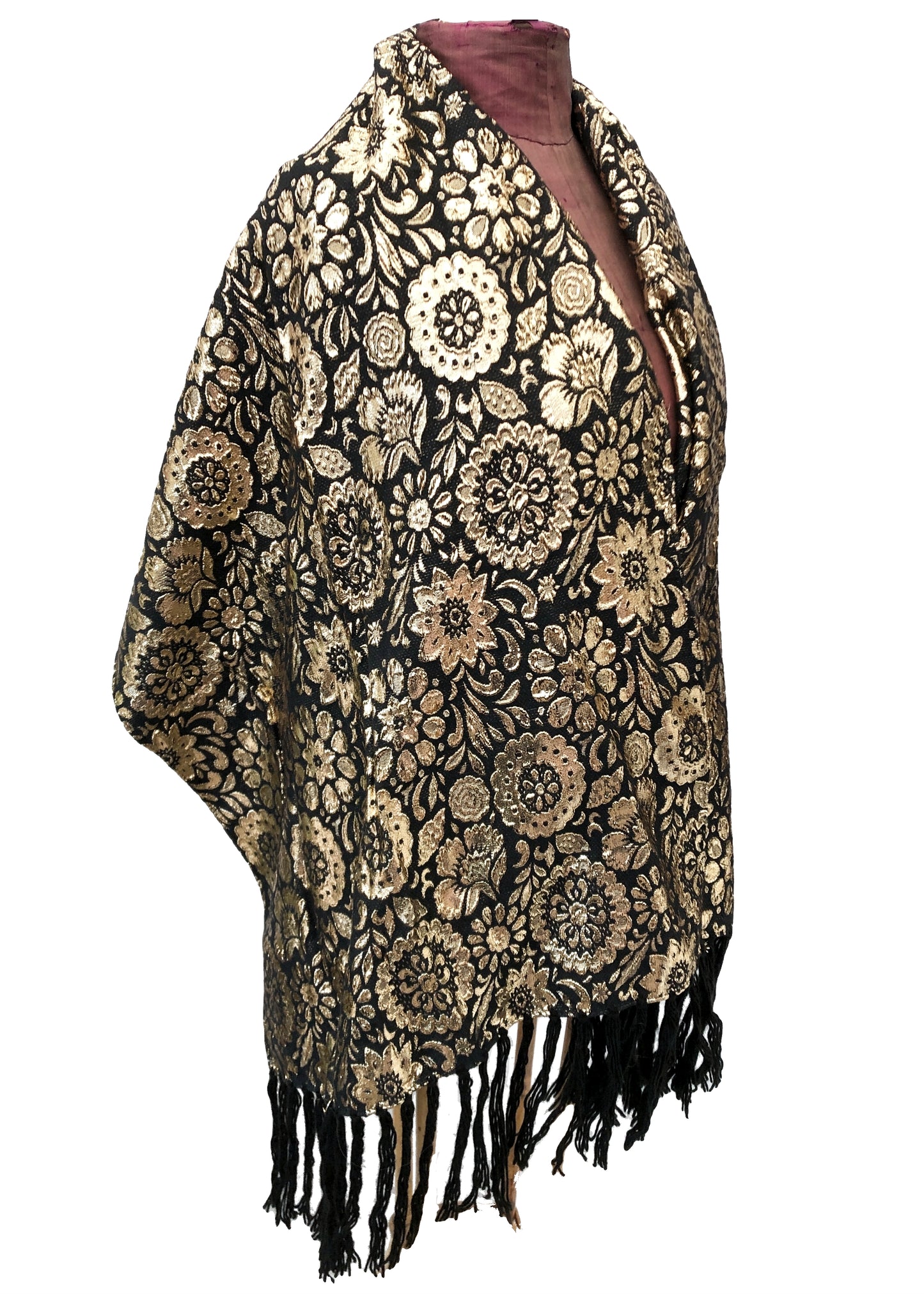 Vintage 70s Gold and Black Floral Lamé Evening Shawl Scarf