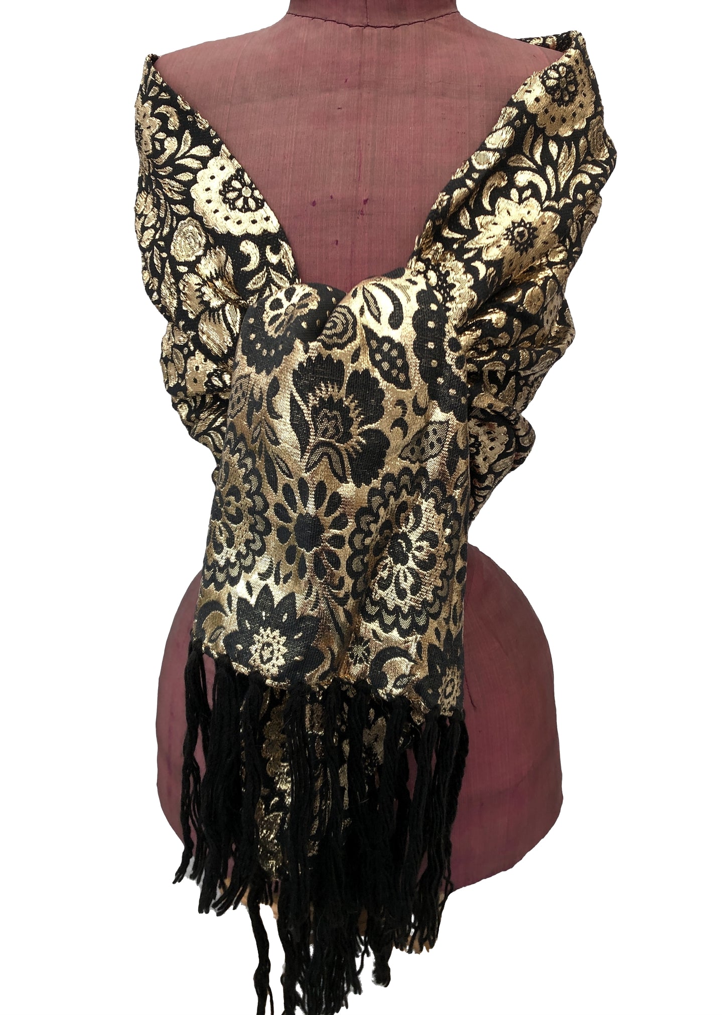 Vintage 70s Gold and Black Floral Lamé Evening Shawl Scarf