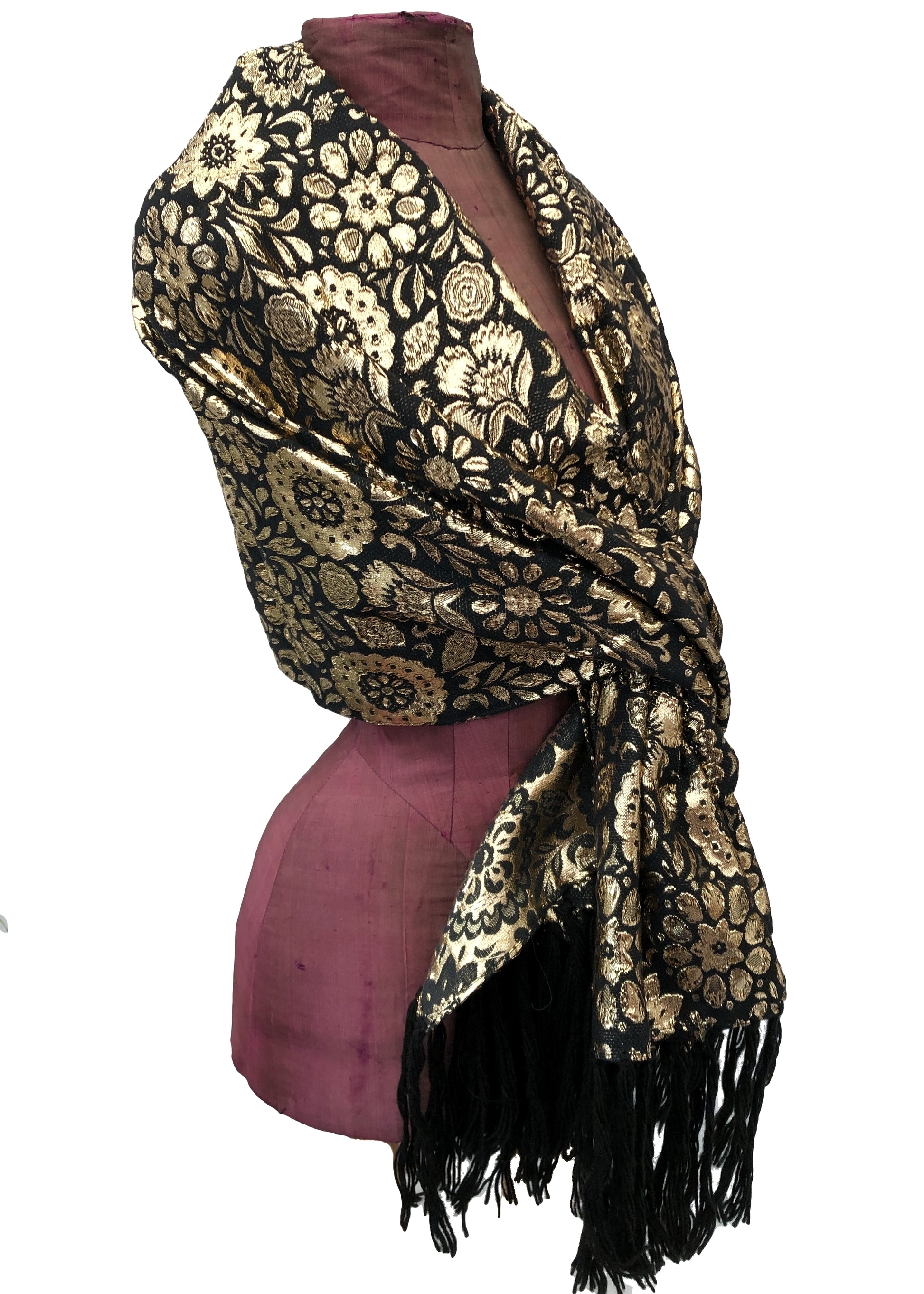 Vintage 70s Gold and Black Floral Lurex Evening Shawl Scarf