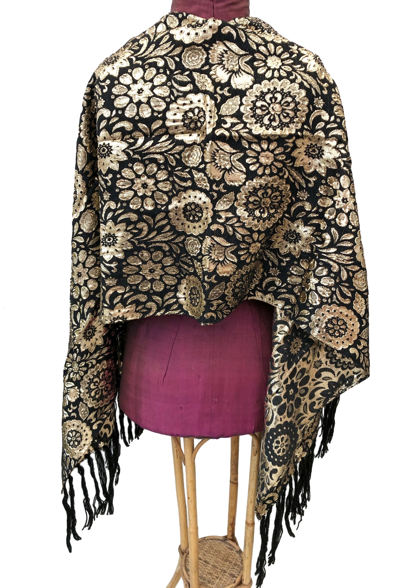 Vintage 70s Gold and Black Floral Lamé Evening Shawl Scarf