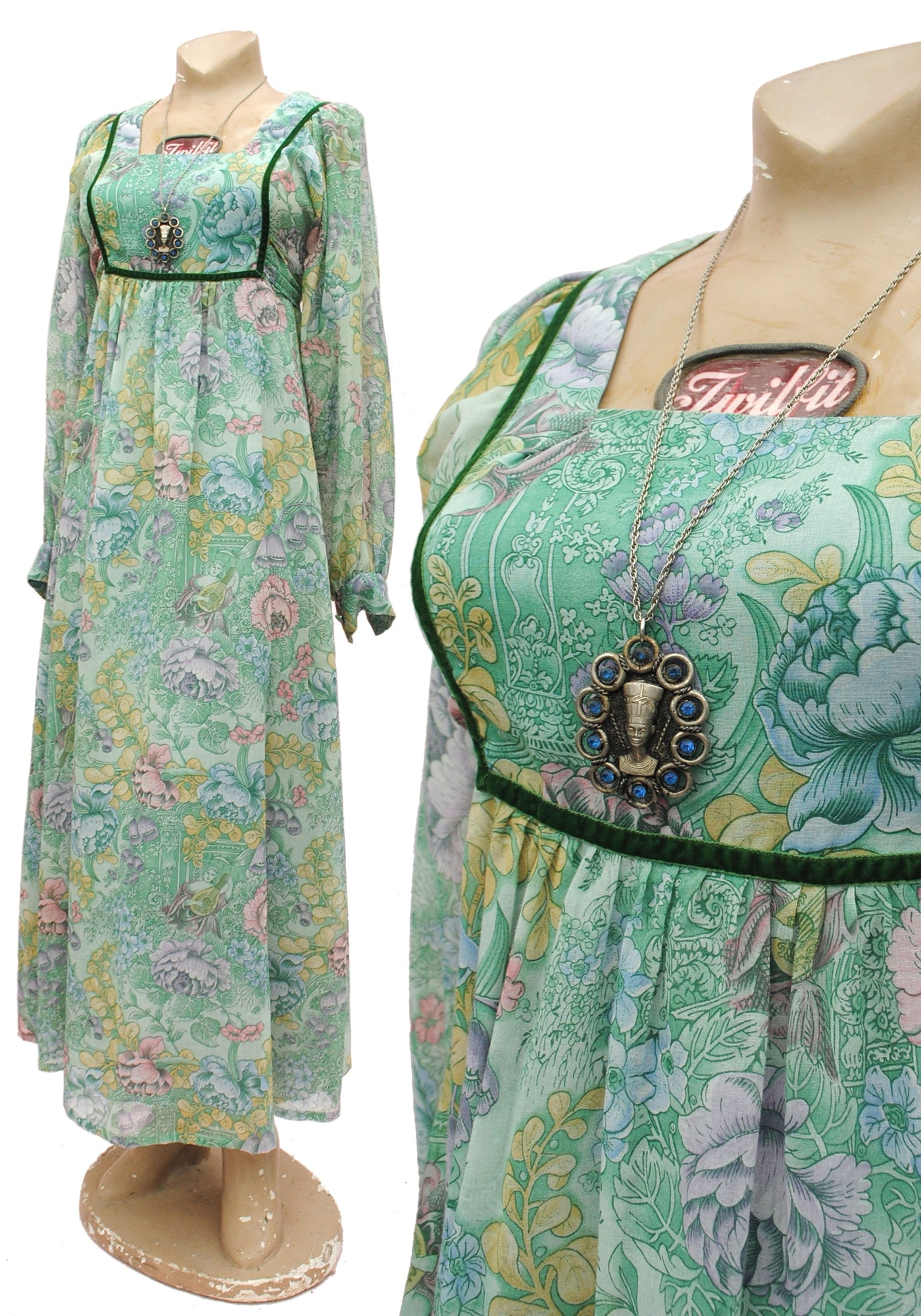 1970s Vintage Green Nouveau Floral Maxi Dress | Romantic Fairycore summer night's dream dress