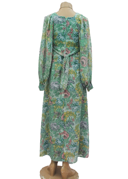 1970s Vintage Green Nouveau Floral Maxi Dress | Romantic Cottagecore