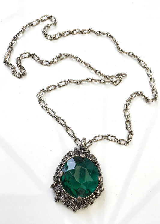 Large Green Glass Thistle Miracle Pendant Necklace