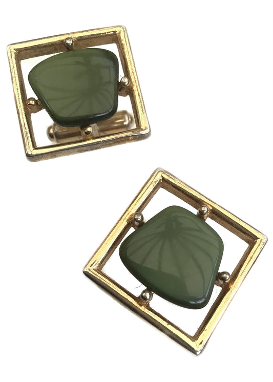 vintage 60s Sarah Coventry designed The New Yorker, green thermoset cufflinks.