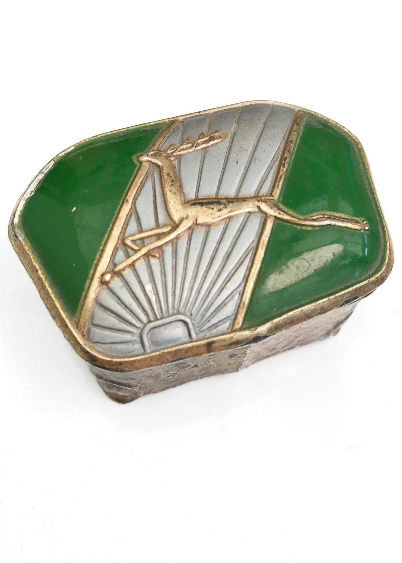 Art Deco Green Enamel Trinket Round Box • Leaping Stag