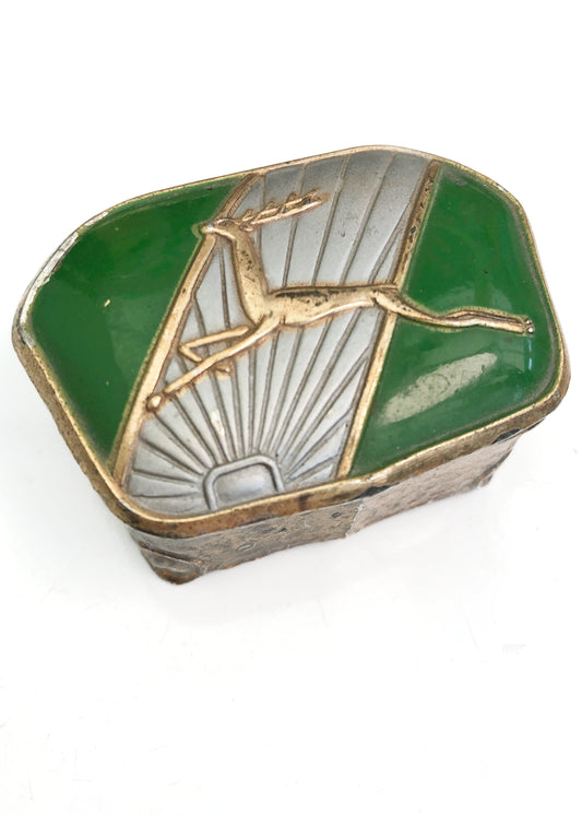 Art Deco Green Enamel Trinket Round Box • Leaping Stag