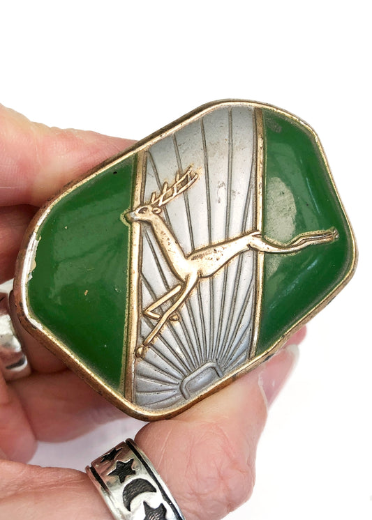 Art Deco Green Enamel Trinket Round Box • Leaping Stag