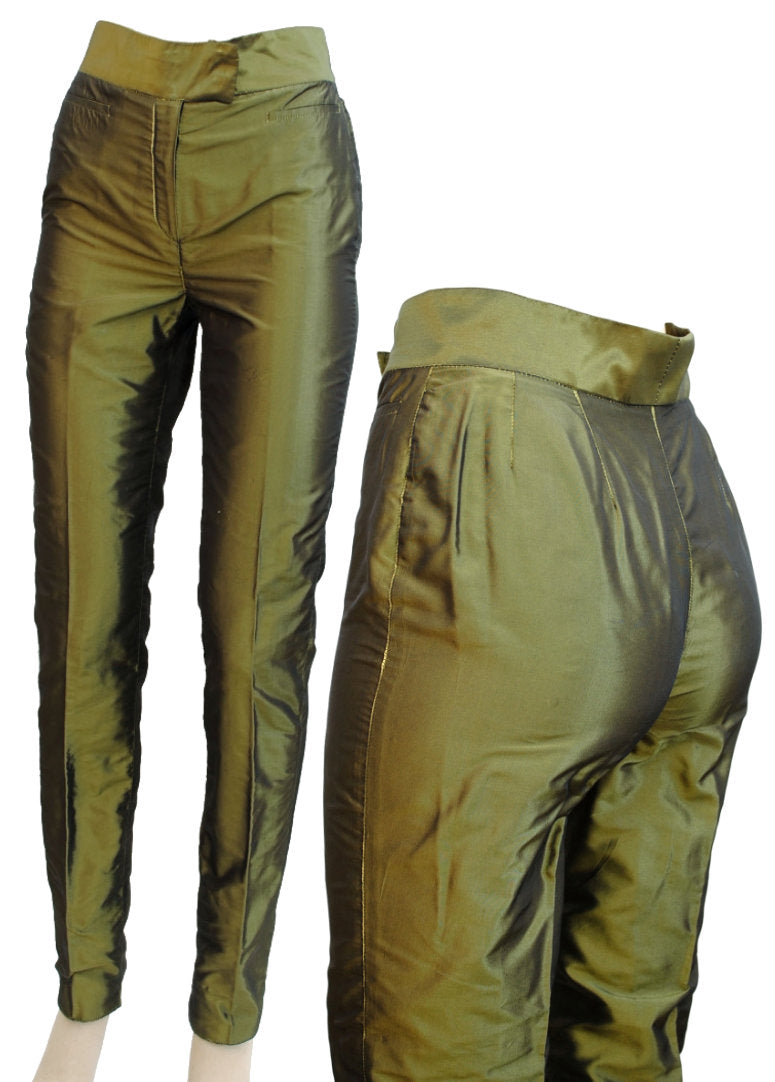 1990s Vintage Valentino Green Metallic Drainpipe Leg Trousers • EU 42