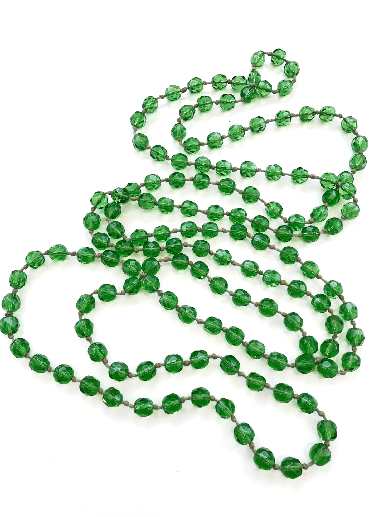 Vintage Green Faceted Glass Bead Flapper Necklace • Knotted