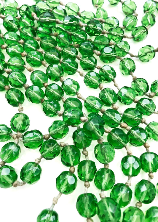 Vintage Green Faceted Glass Bead Flapper Necklace • Knotted