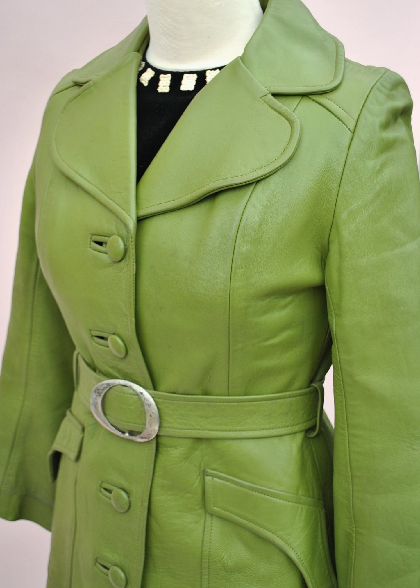 Women's 60s Vintage Pea Green Leather Coat