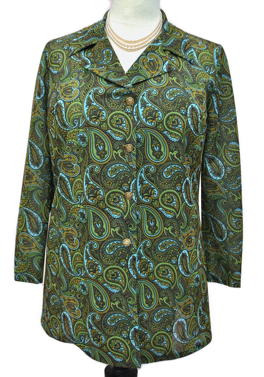 Vintage 70s Green Paisley Blouse Shirt • Nylon
