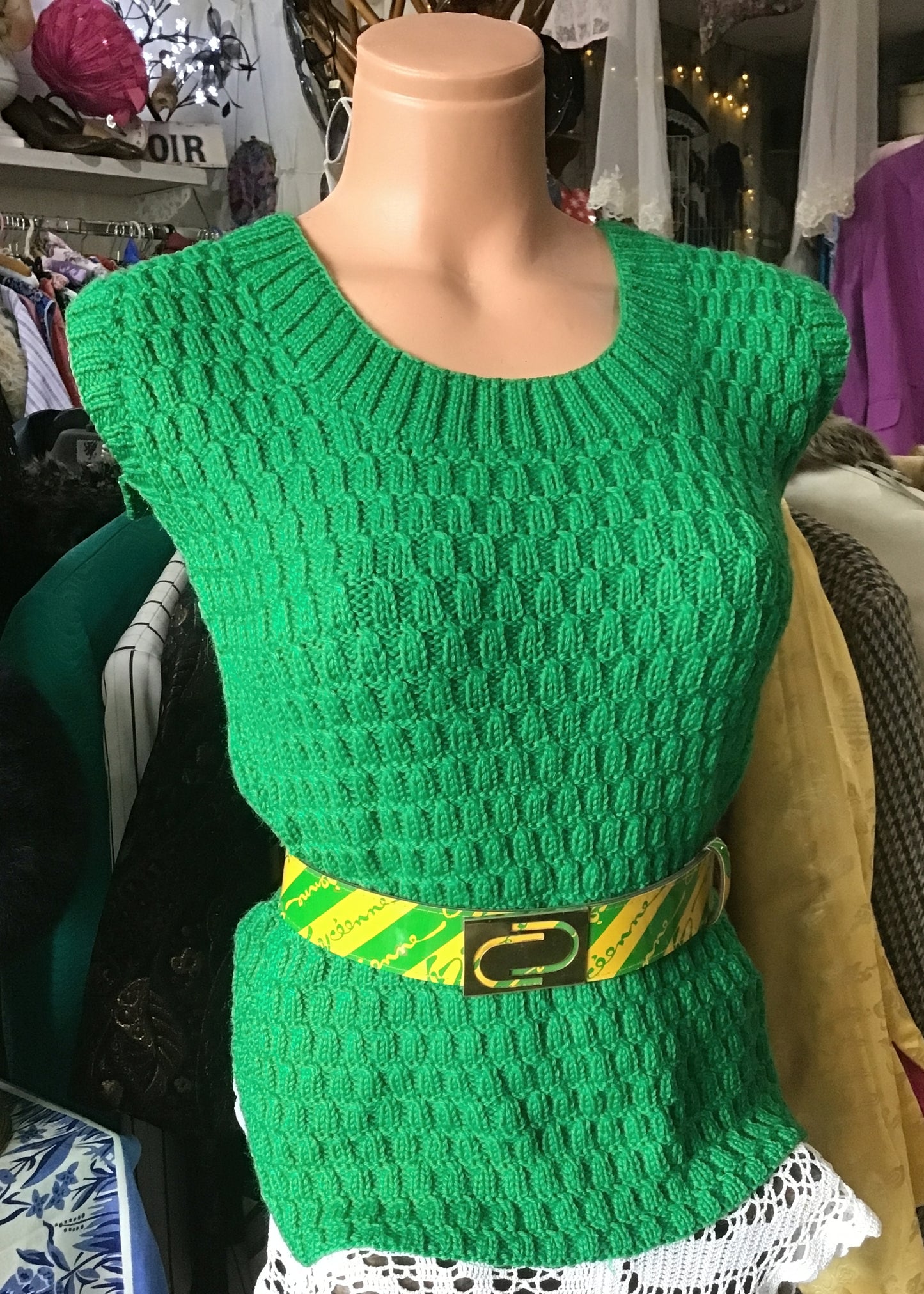 Vintage 70s Hand Knitted Green Tank Top
