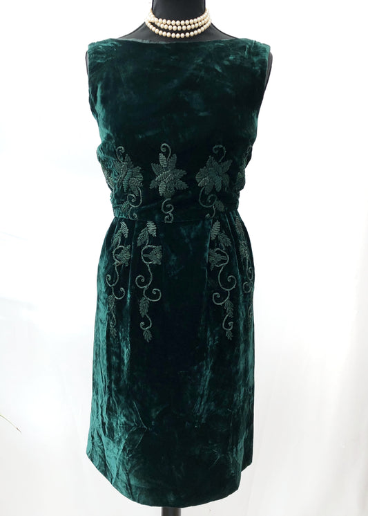 Vintage 60s Green Velvet embroidered Cocktail Dress • XS