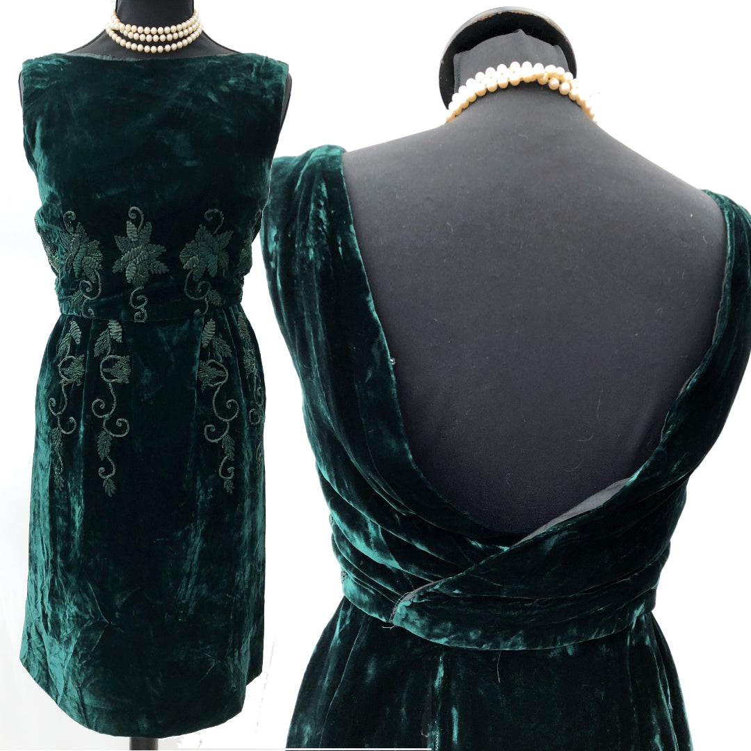 Vintage 60s Emerald Green Velvet Cocktail Dress • XS
