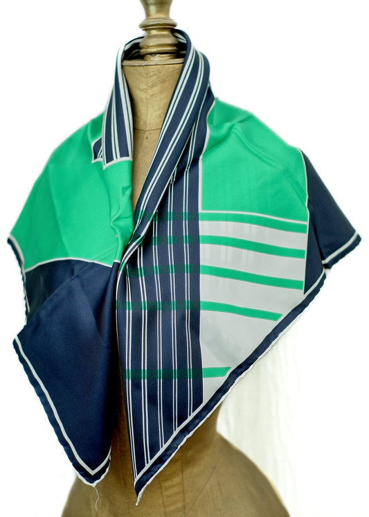 vintage 60s green blue and white silk scarf by d'ormont paris