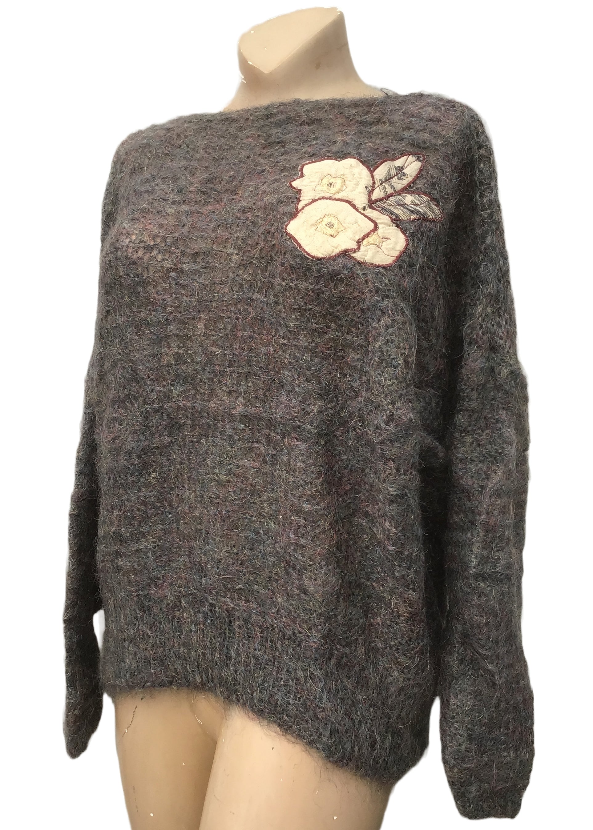 vintage grey sparkly hand knitted mohair sweater with a flower applique