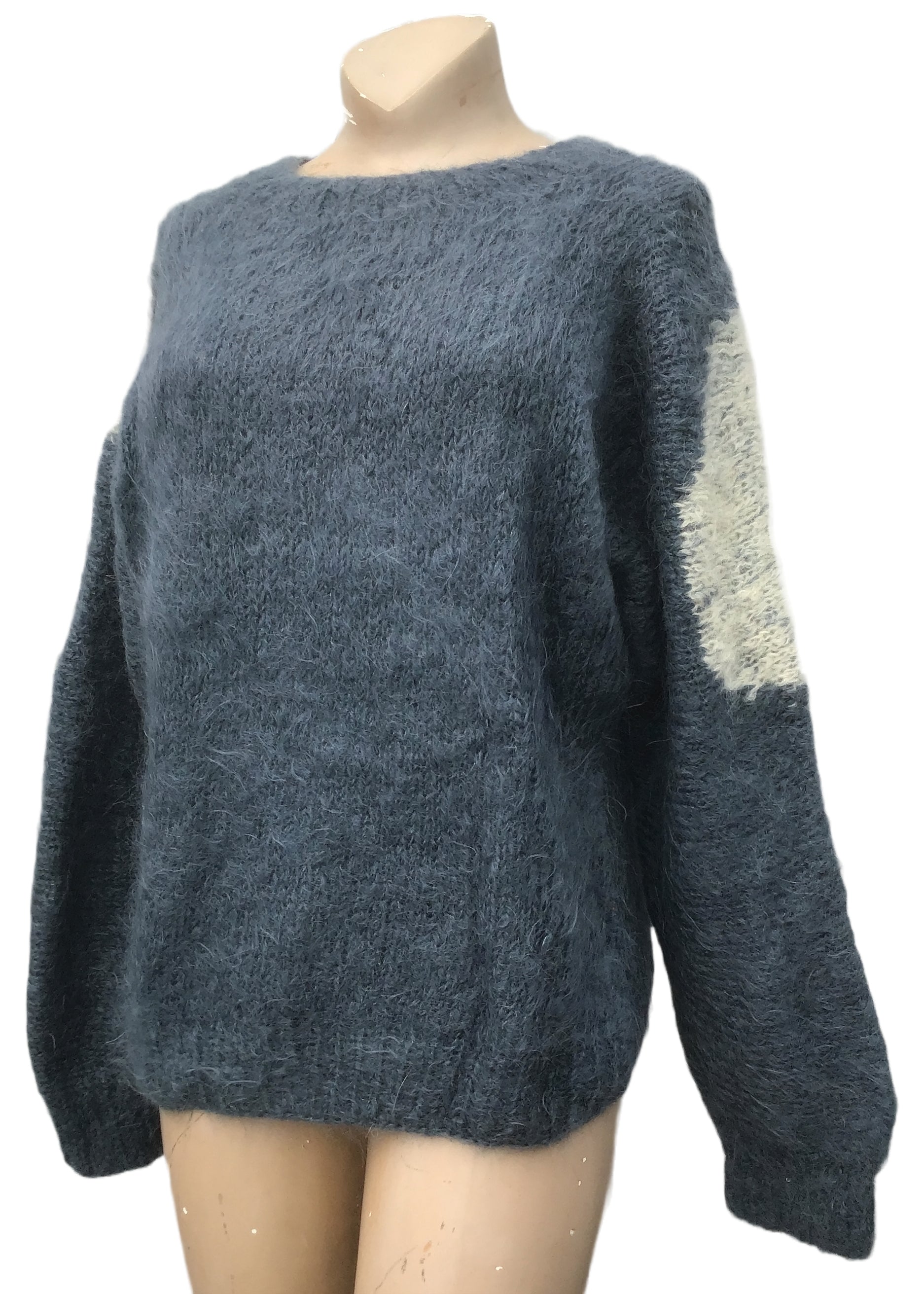 Vintage Oversized Hand Knit Blue Grey White Mohair Jumper