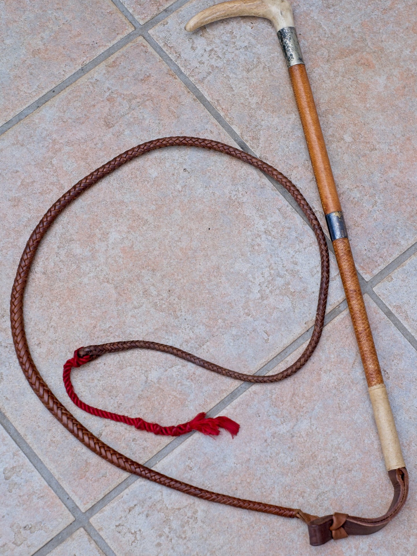 Antique Hunting Crop with Leather Whip and Lash • Stag Horn Handle