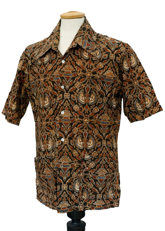 vintage 70s brown batik cotton short sleeve shirt, Indonesia batik print by Keris