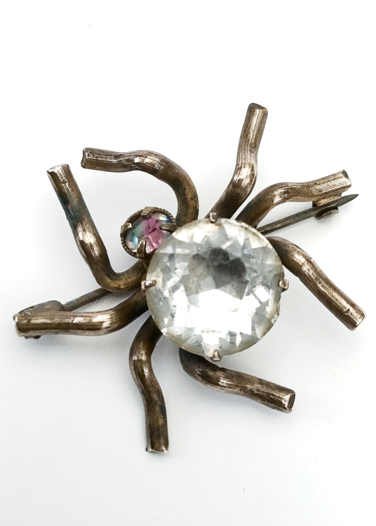 Vintage Deco Crystal Iris Glass Brass Spider Brooch