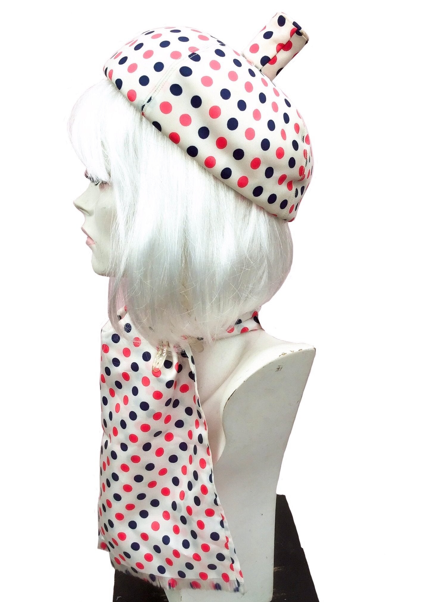 vintage 1960s silk polka dot pillbox hat and scarf set by Jaeger