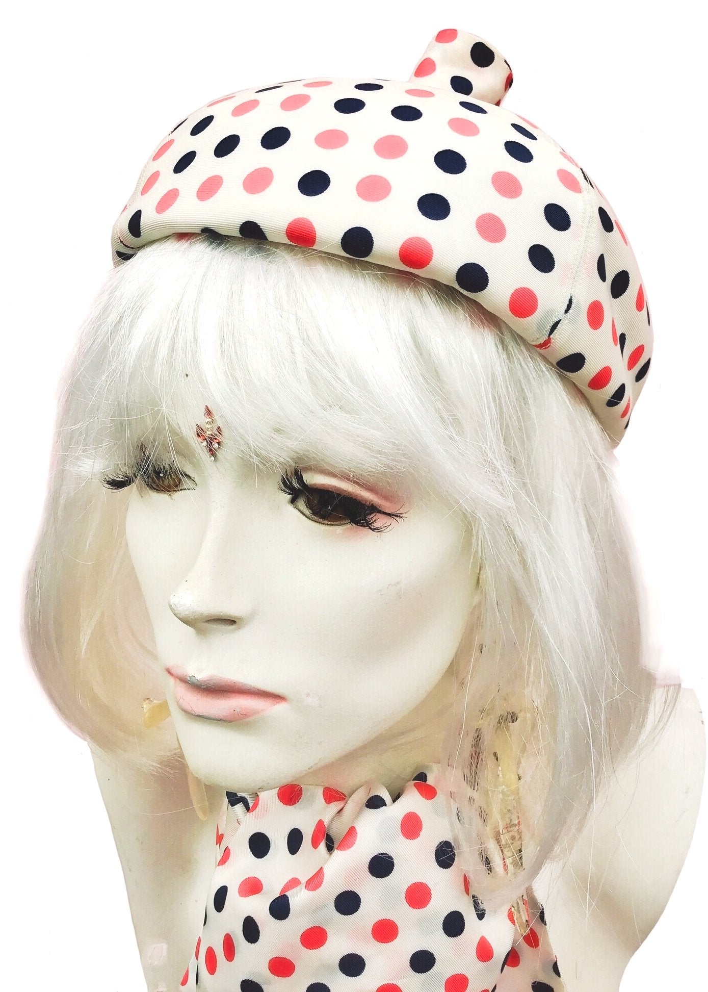 Vintage 1960s Silk Polka Dot Pillbox Hat & Scarf Set by Jaeger