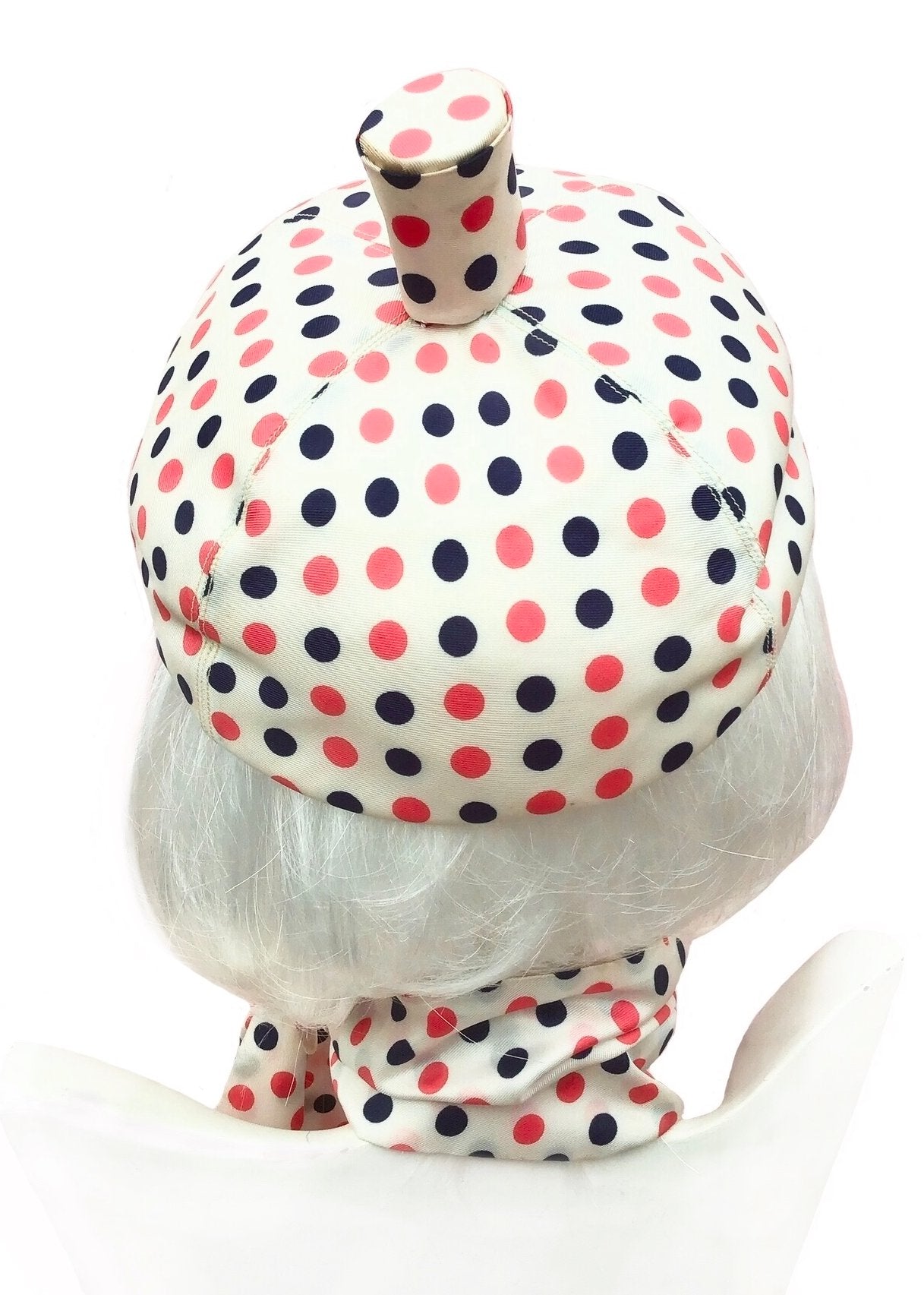 vintage 60s pink and blue polka dot matching silk pillbox hat and scarf set by Jaeger