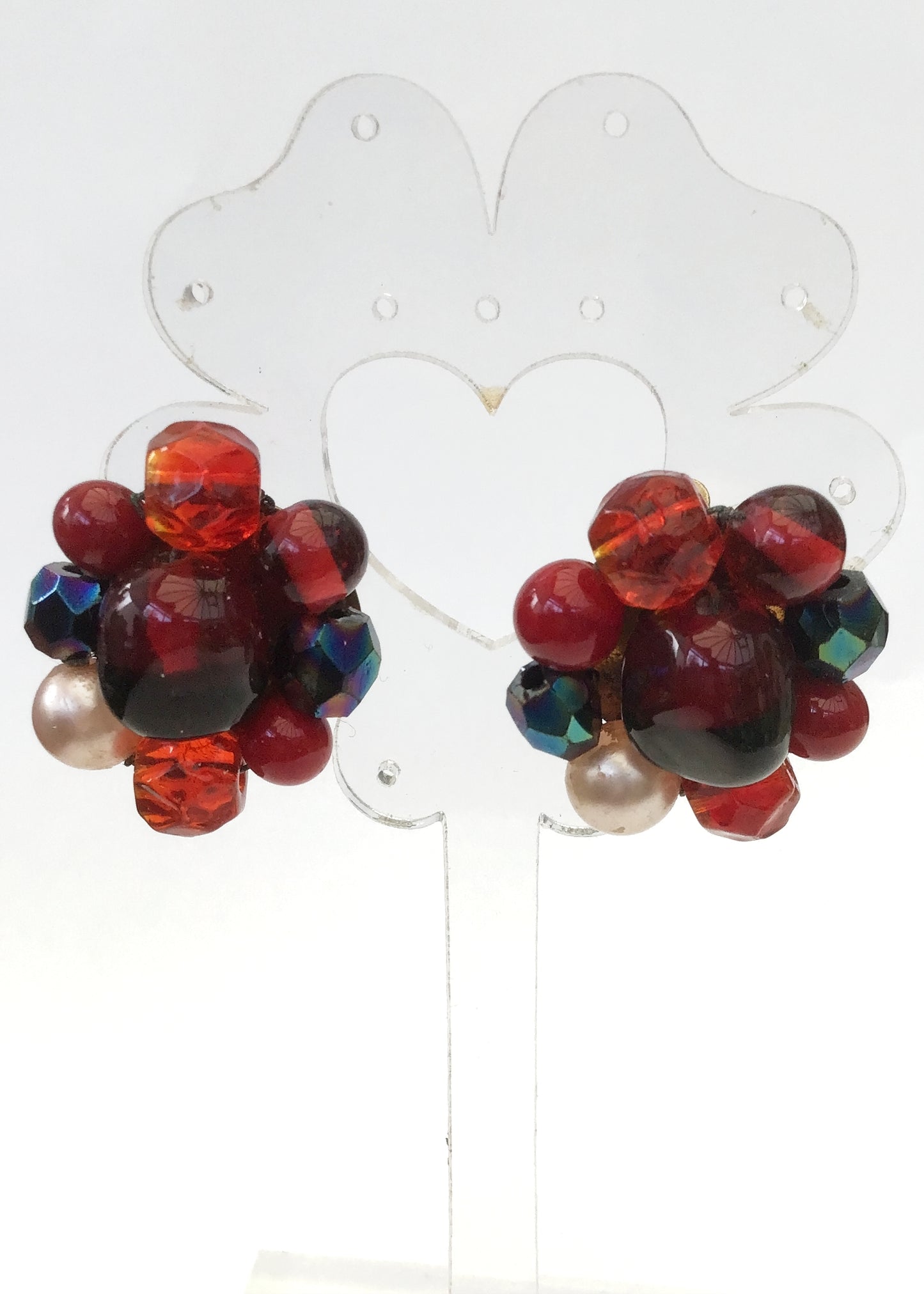 Vintage Red Art Glass Bead Cluster Earrings • Clips