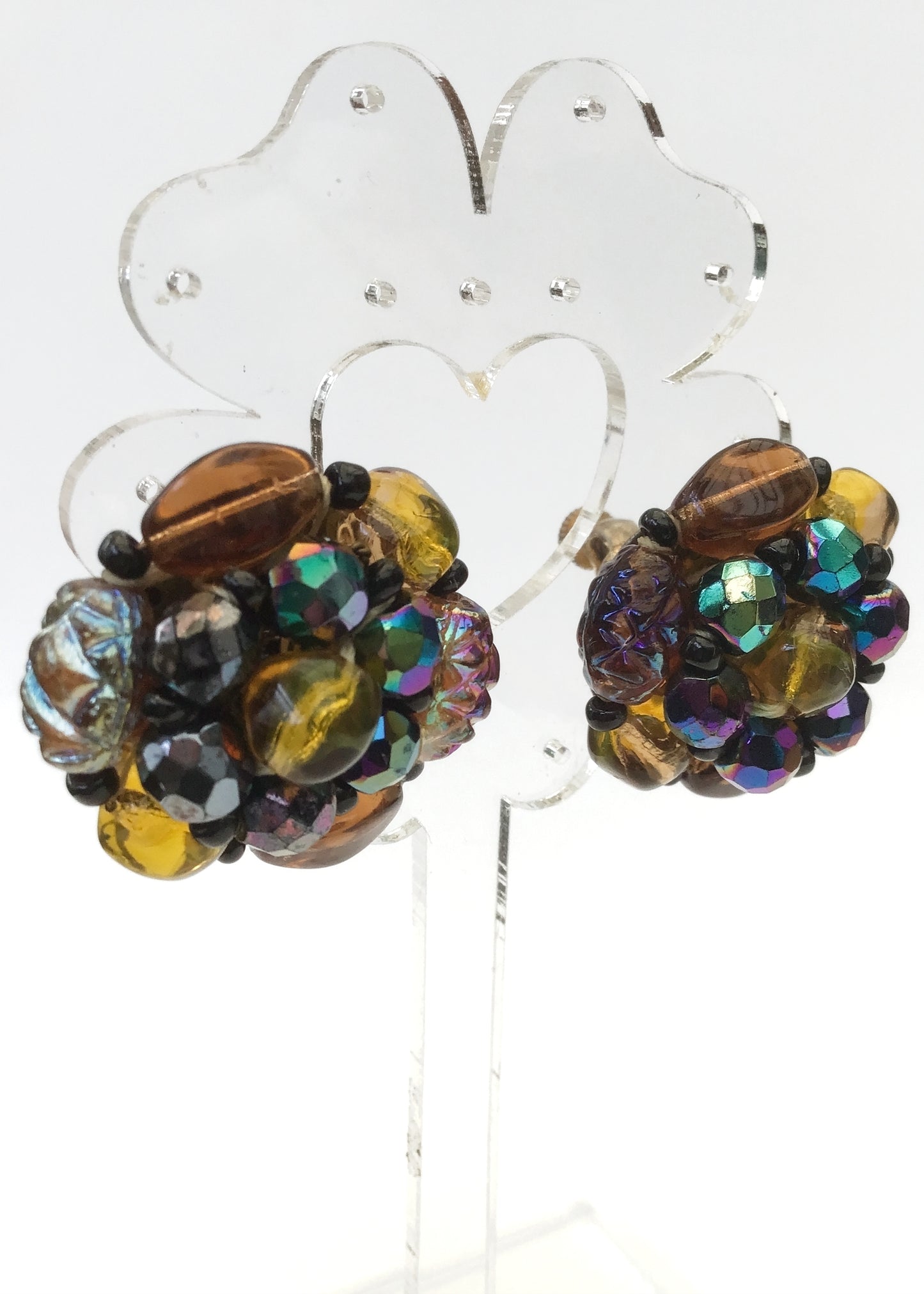 Vintage Jewelcraft Art Glass Bead Cluster Earrings • Clips