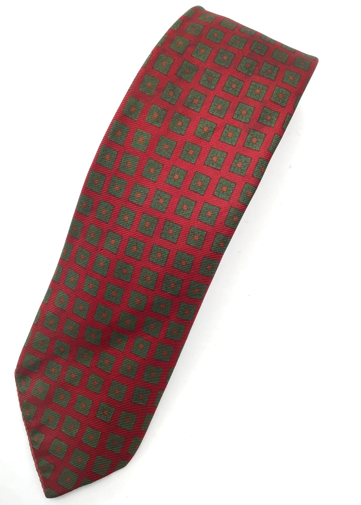 vintage 1960s John Comfort silk tie in a dark burgundy red with green squares pattern