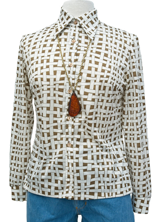vintage 70s nylon Mod blouse by Ladies Pride in a brown and white basket weave print design, to fit 36 inch bust.