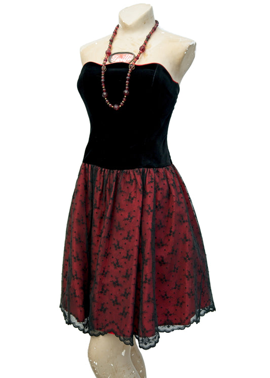 vintage red and black party dress by laura ashley with velvet bodice and black lace skirt over red tafetta to fit size 12