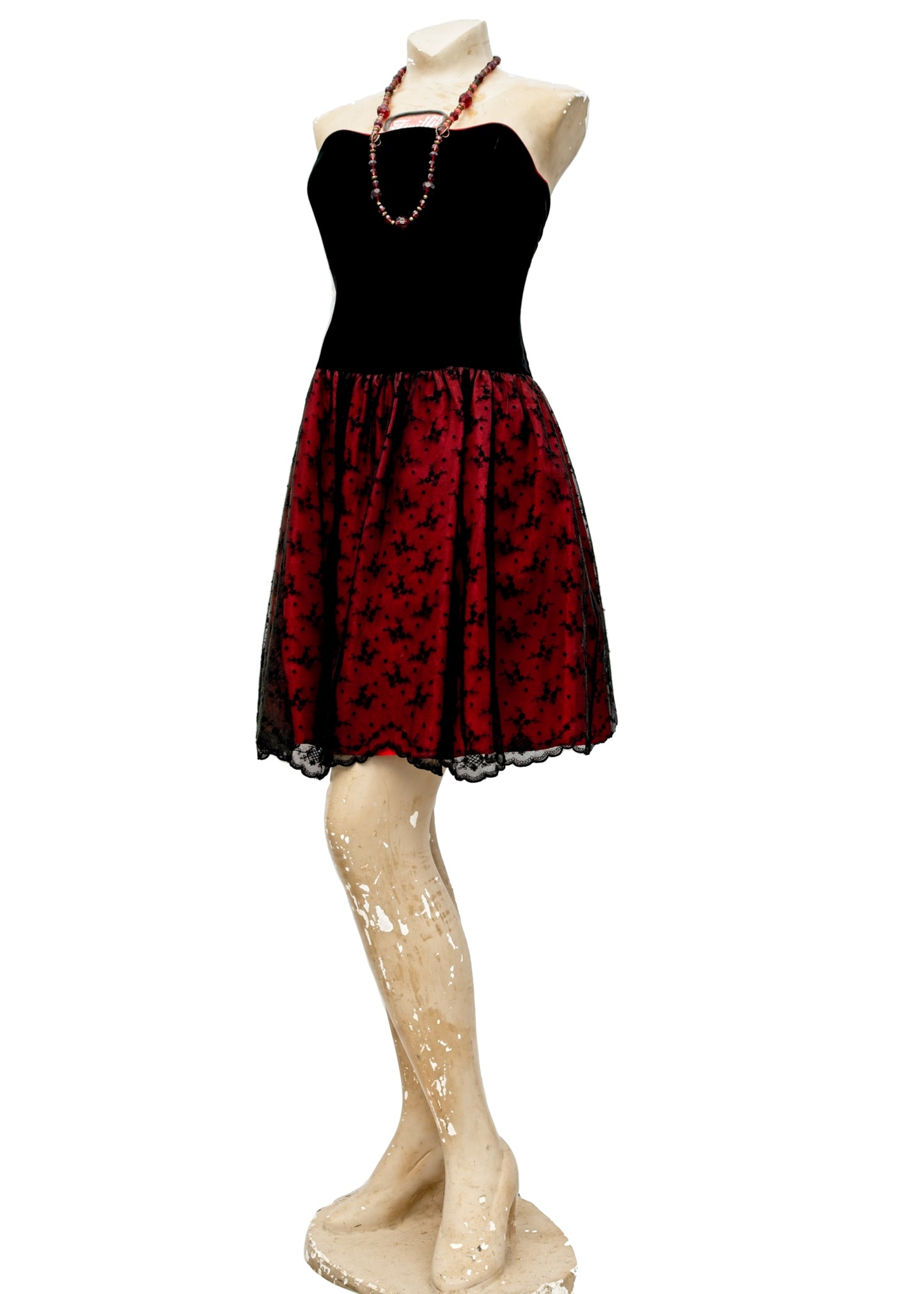 Vintage Laura Ashley Black and Red Strapless Cocktail Dress • Velvet Lace • UK12
