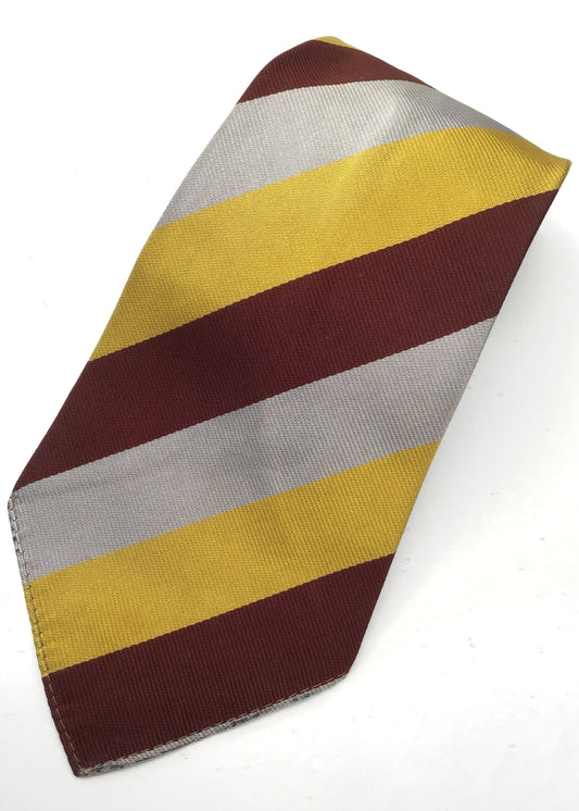 vintage TM Lewin's of Jermyn St, London school boy tie in burgundy, yellow and grey striped silk.