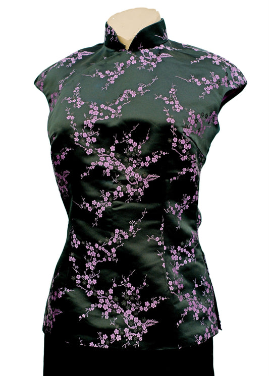 black and purple blossom silk satin brocade chinese top with mandarin collar, size 8