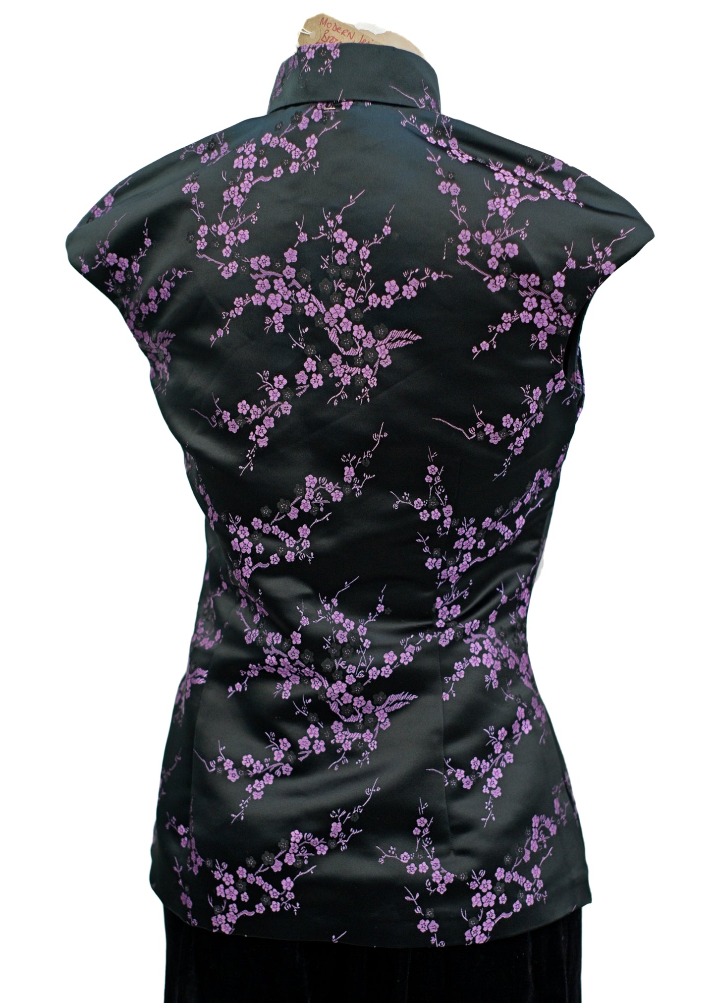 Black Lilac Satin Brocade Cheongsam Style Sleeveless Blouse • Jesireé