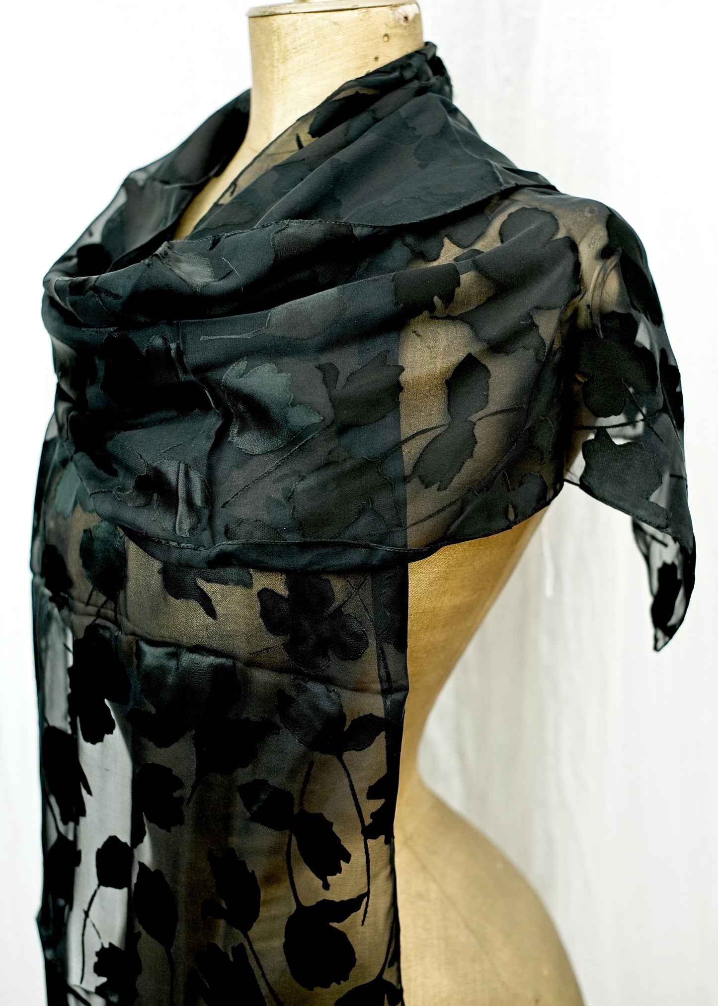 vintage black silk evening shawl scarf with burnout floral design in silk