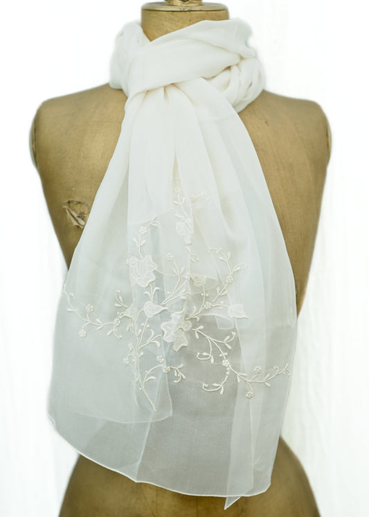 cream silk crepe chiffon evening scarf with applique flowers