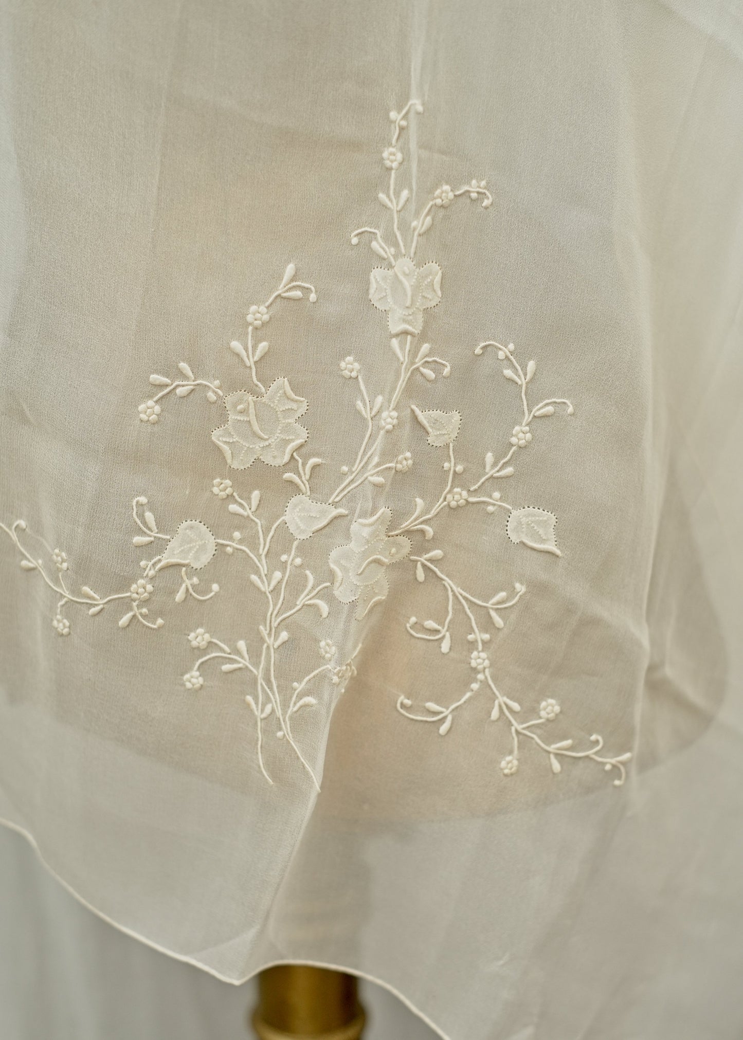 Long Vintage Cream Silk Chiffon Embroidered Applique Shawl Scarf