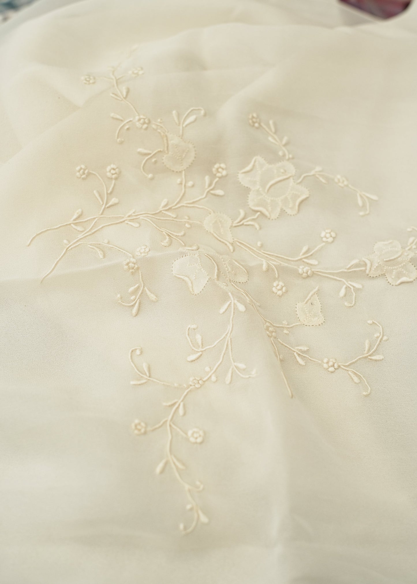 Long Vintage Cream Silk Chiffon Embroidered Applique Shawl Scarf
