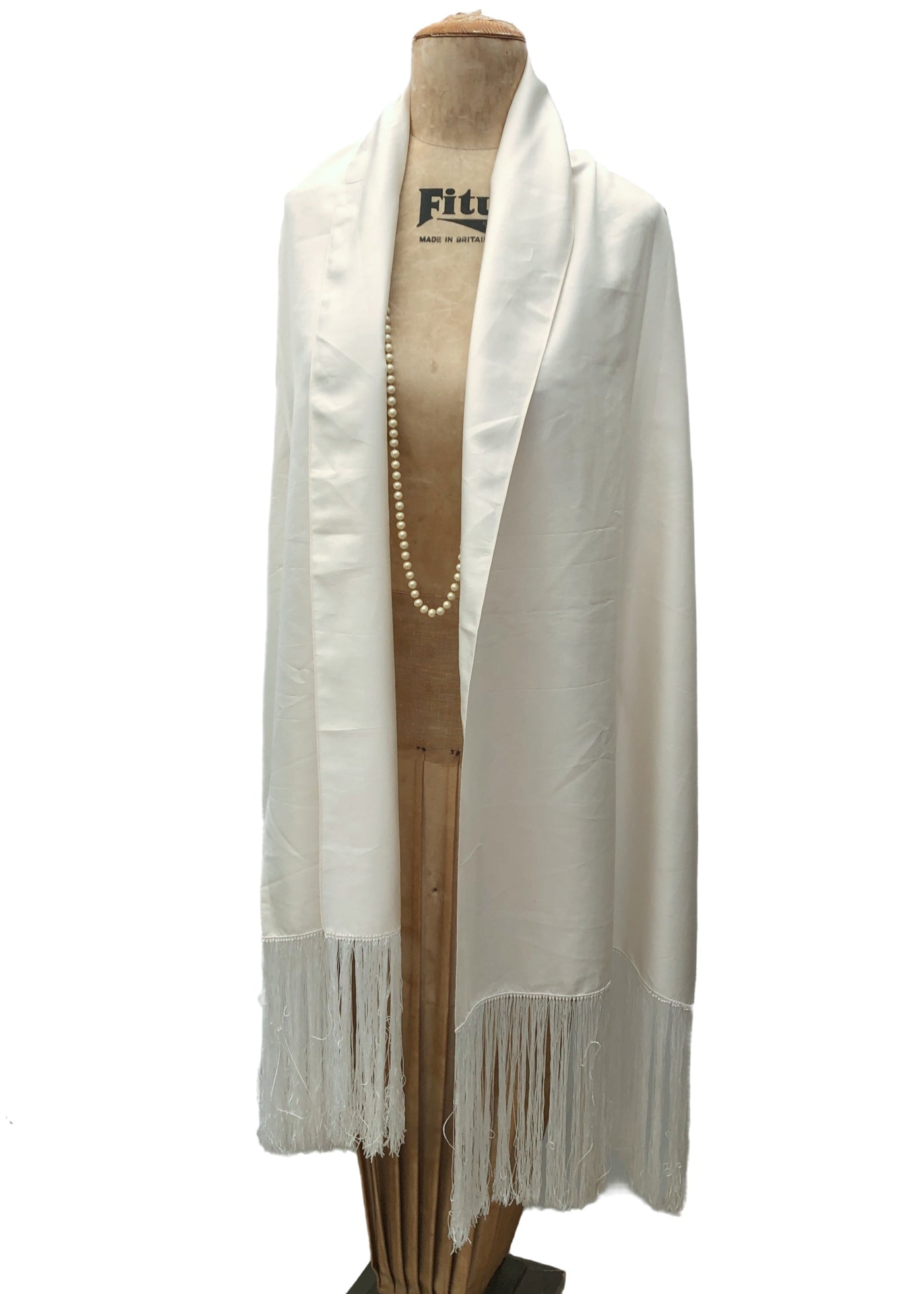 Vintage Long Cream Silk Evening Shawl Scarf • Fringed
