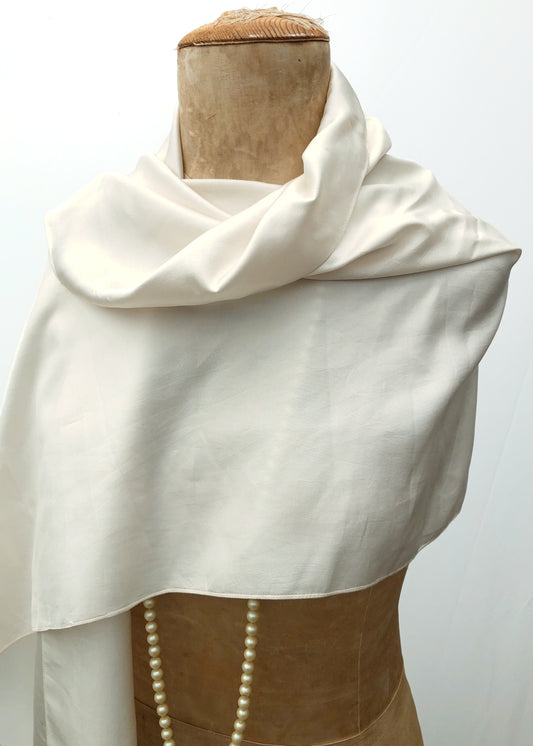 Vintage Long Cream Silk Evening Shawl Scarf • Fringed