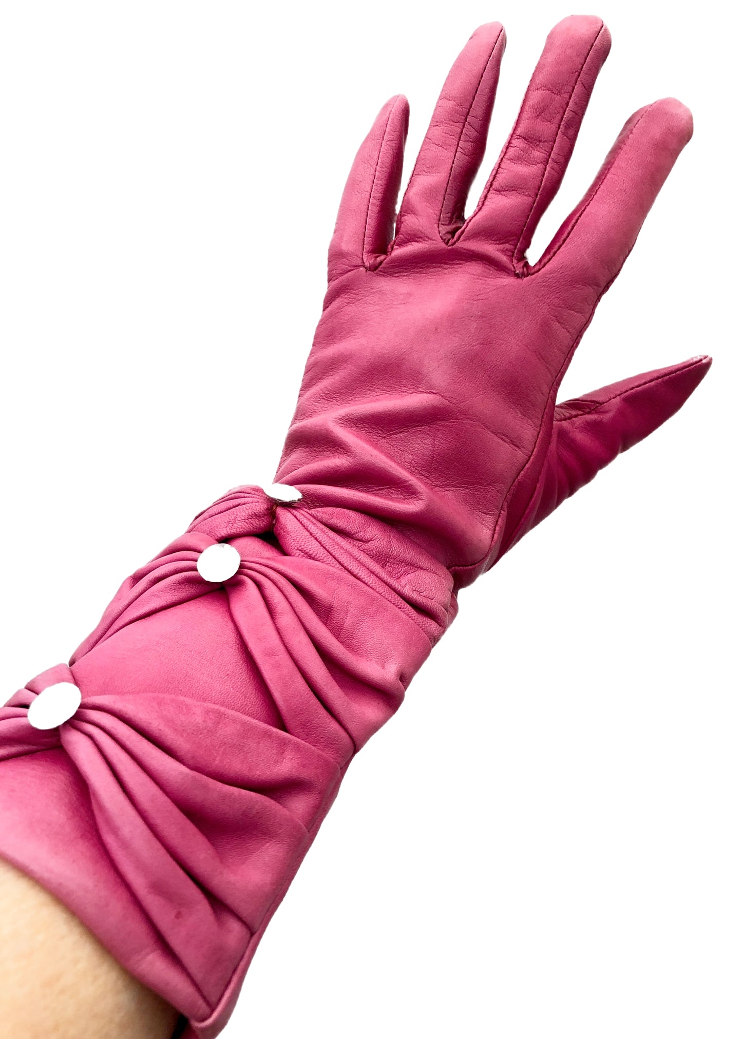 Y2K Hot Pink Nappa Leather Long Gauntlet Gloves with Sparkles • Size 6.5