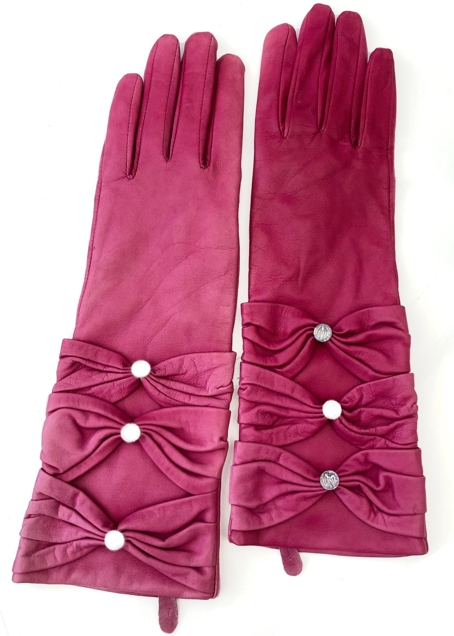 Y2K Hot Pink Nappa Leather Long Gauntlet Gloves with Sparkles • Size 6.5