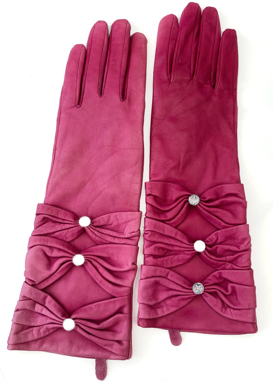Y2K Hot Pink Nappa Leather Long Gauntlet Gloves with Sparkles • Size 6.5