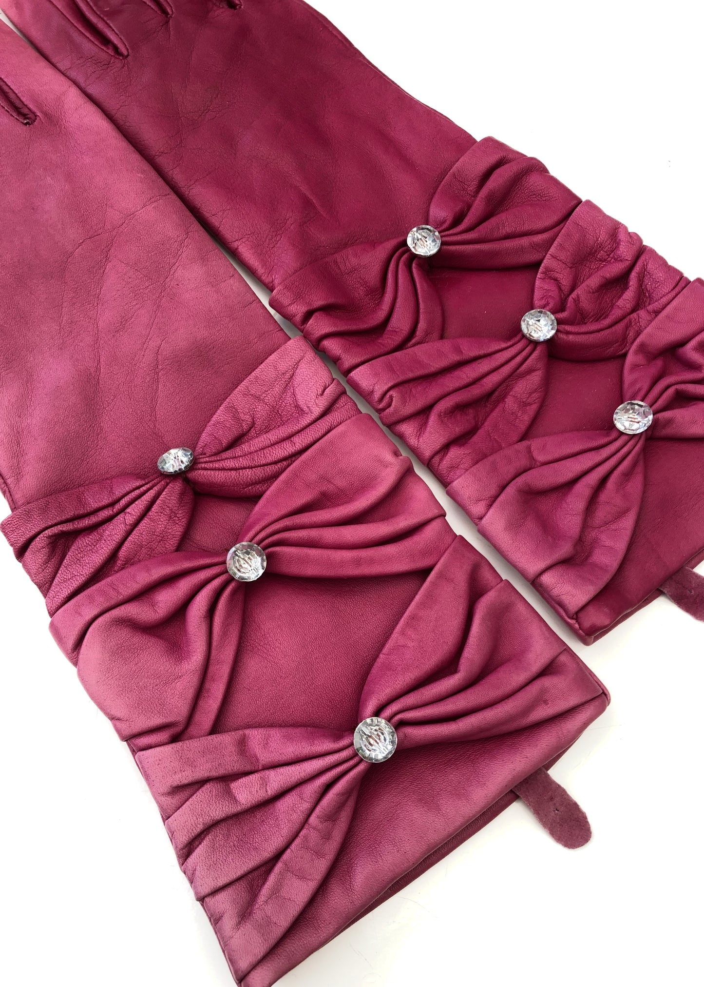 Y2K Hot Pink Nappa Leather Long Gauntlet Gloves with Sparkles • Size 6.5