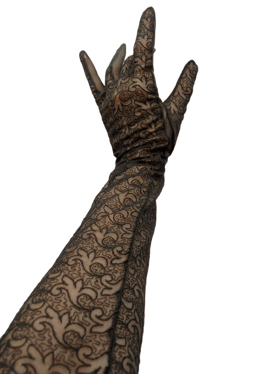 fabulous burlesque evening gloves, long sheer nylon with a fleur de lis embroidered pattern