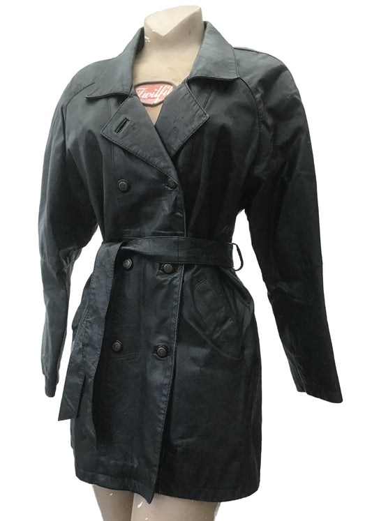 Women's Vintage 80s Black Leather Coat • 3/4 Length