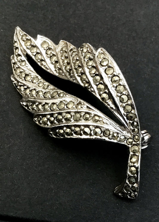 Vintage Sphinx Marcasite Leaf Brooch Pin